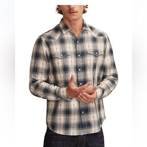 Lucky Brand Men's Blue and Cream Plaid Shirt